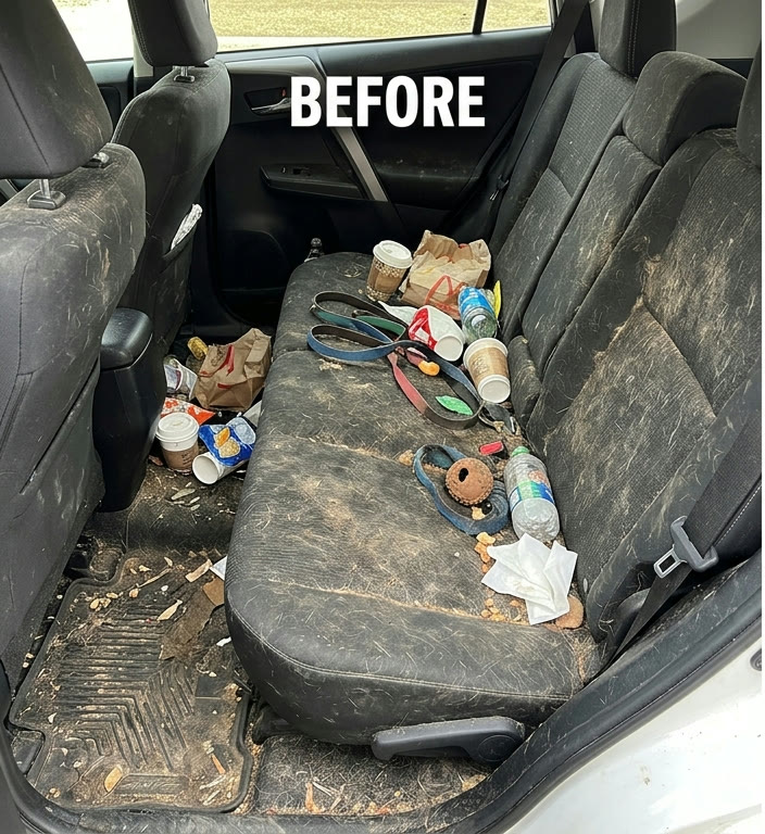 Dirty car interior before Scrub Bros detailing